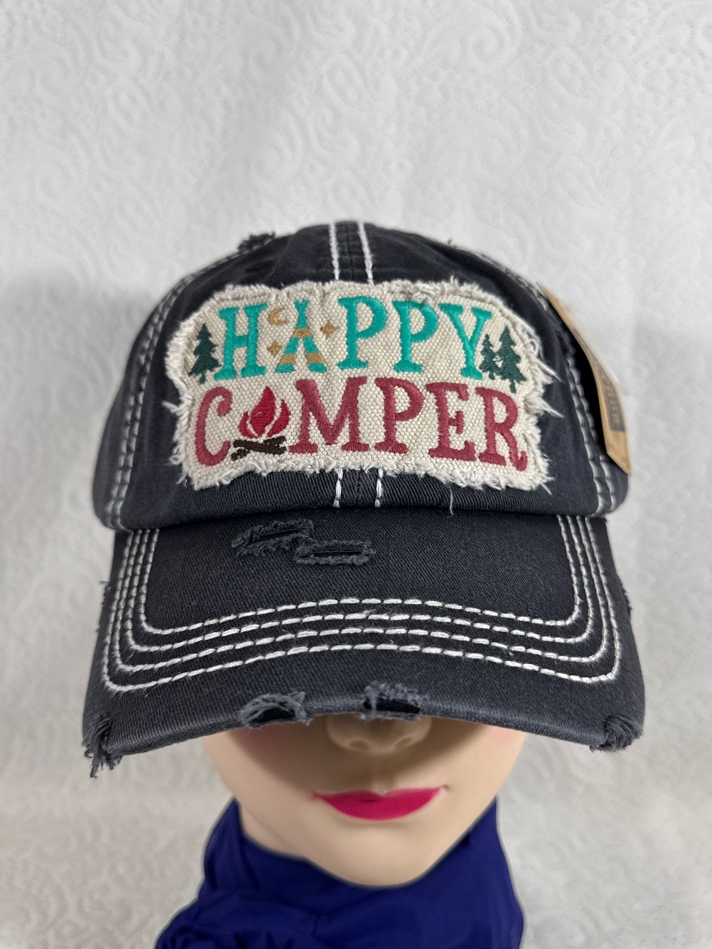 New With Tag Happy Camper Factory Distressed Women Hat Black Baseball Cap